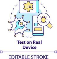 Test on real device concept icon. Errors research. Mobile first design process abstract idea thin line illustration. Isolated outline drawing. Editable stroke vector