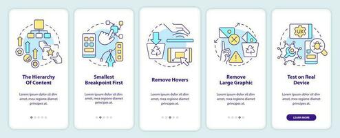 Mobile first design process onboarding mobile app screen. Walkthrough 5 steps editable graphic instructions with linear concepts. UI, UX, GUI template vector