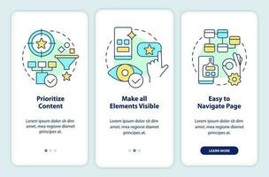 Mobile design recommendations onboarding mobile app screen. Walkthrough 3 steps editable graphic instructions with linear concepts. UI, UX, GUI template vector