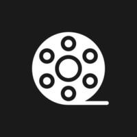 Film reel dark mode glyph ui icon. Motion pictures. Recorded strip. User interface design. White silhouette symbol on black space. Solid pictogram for web, mobile. Vector isolated illustration