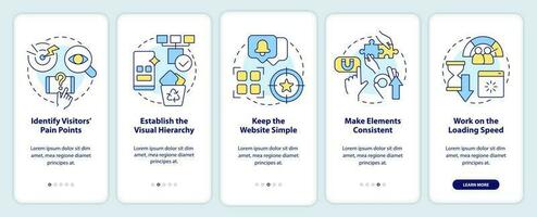 Mobile first key elements onboarding mobile app screen. Walkthrough 5 steps editable graphic instructions with linear concepts. UI, UX, GUI template vector