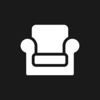Armchair dark mode glyph ui icon. Furniture shop. Ecommerce. Retail store. User interface design. White silhouette symbol on black space. Solid pictogram for web, mobile. Vector isolated illustration