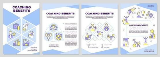 Coaching benefits blue brochure template. Achieve career goals. Leaflet design with linear icons. Editable 4 vector layouts for presentation, annual reports