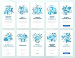 Mentoring in workplace benefits blue onboarding mobile app screen set. Walkthrough 5 steps editable graphic instructions with linear concepts. UI, UX, GUI template vector
