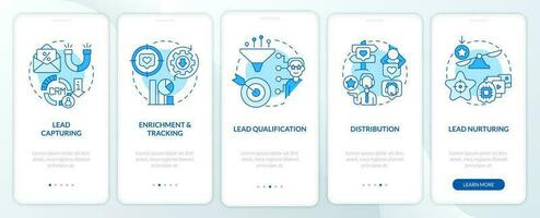 Lead management process blue onboarding mobile app screen. Promotion walkthrough 5 steps editable graphic instructions with linear concepts. UI, UX, GUI template vector
