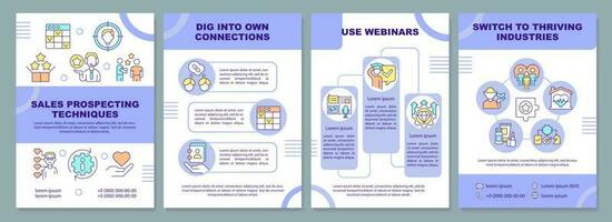 Sales prospecting techniques purple brochure template. Leaflet design with linear icons. Editable 4 vector layouts for presentation, annual reports