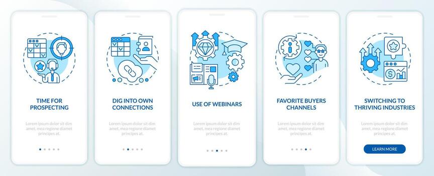 Sales prospecting techniques blue onboarding mobile app screen. Walkthrough 5 steps editable graphic instructions with linear concepts. UI, UX, GUI template vector