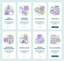 Prepare to immigrate tips onboarding mobile app screen set. Overseas walkthrough 4 steps editable graphic instructions with linear concepts. UI, UX, GUI template vector