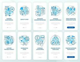 Lead conversion process blue onboarding mobile app screen set. Walkthrough 5 steps editable graphic instructions with linear concepts. UI, UX, GUI template vector