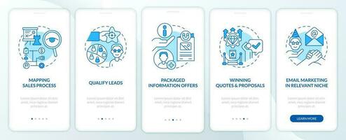 Process of lead conversion blue onboarding mobile app screen. Walkthrough 5 steps editable graphic instructions with linear concepts. UI, UX, GUI template vector