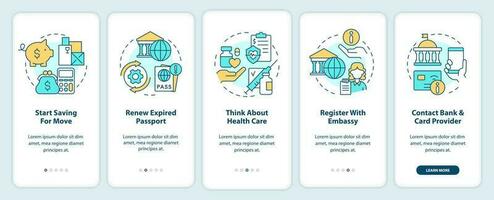 Moving abroad tips onboarding mobile app screen. Travel preparations walkthrough 5 steps editable graphic instructions with linear concepts. UI, UX, GUI template vector