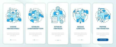 Coaching tips blue onboarding mobile app screen. Resolve conflicts walkthrough 5 steps editable graphic instructions with linear concepts. UI, UX, GUI template vector
