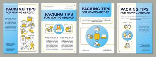 Packing tips for moving abroad blue brochure template. Travel. Leaflet design with linear icons. Editable 4 vector layouts for presentation, annual reports