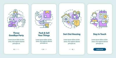 Prepare to live abroad advices onboarding mobile app screen. Migrate walkthrough 4 steps editable graphic instructions with linear concepts. UI, UX, GUI template vector