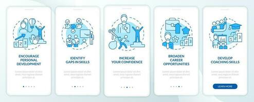 Mentoring relationship goals blue onboarding mobile app screen. Walkthrough 5 steps editable graphic instructions with linear concepts. UI, UX, GUI template vector