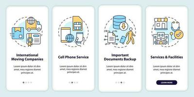 Relocating abroad tips onboarding mobile app screen. Legal immigration walkthrough 4 steps editable graphic instructions with linear concepts. UI, UX, GUI template vector