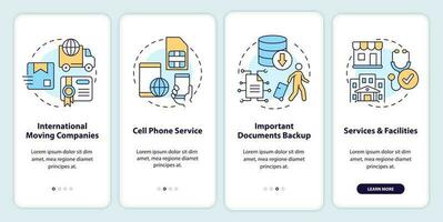 reubicarse extranjero consejos inducción móvil aplicación pantalla. legal inmigración recorrido 4 4 pasos editable gráfico instrucciones con lineal conceptos. ui, ux, gui modelo vector