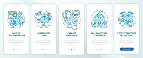 Practices of lead conversion blue onboarding mobile app screen. Walkthrough 5 steps editable graphic instructions with linear concepts. UI, UX, GUI template vector