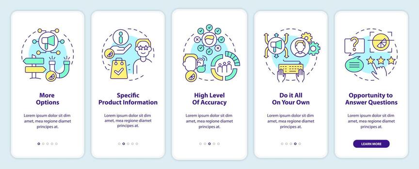 Pros of direct marketing onboarding mobile app screen. Benefits walkthrough 5 steps editable graphic instructions with linear concepts. UI, UX, GUI template vector
