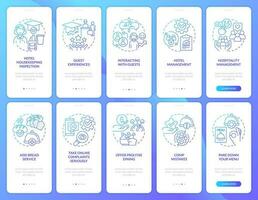 Hospitality industry trends blue gradient onboarding mobile app screen set. Walkthrough 5 steps graphic instructions with linear concepts. UI, UX, GUI template vector