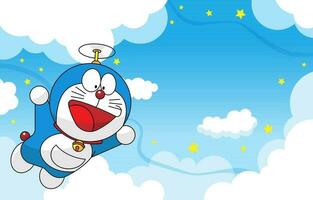 Blue Cat Flying with His Gadget in The Sky Background vector