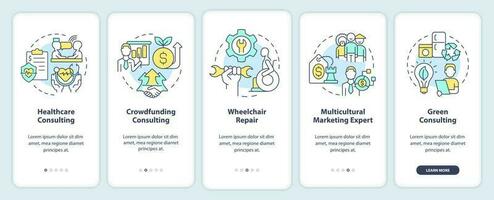 In demand small business types onboarding mobile app screen. Walkthrough 5 steps editable graphic instructions with linear concepts. UI, UX, GUI template vector