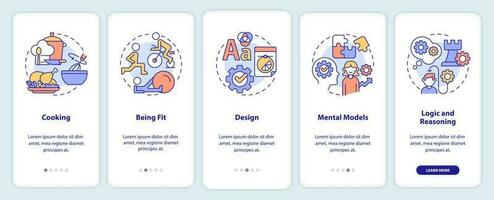 Life skills onboarding mobile app screen. Abilities and talents walkthrough 5 steps editable graphic instructions with linear concepts. UI, UX, GUI template vector