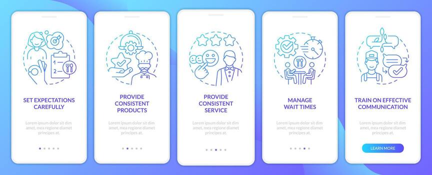 cliente Servicio en comida industria azul degradado inducción móvil aplicación pantalla. recorrido 5 5 pasos gráfico instrucción con lineal conceptos. ui, ux, gui modelo vector