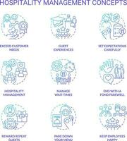 Hospitality management blue gradient concept icons set. Restaurant, hotel industry idea thin line color illustrations. Guest experience. Isolated symbols vector