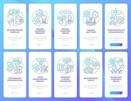 Excellent customer service in restaurant gradient onboarding mobile app screen set. Walkthrough 5 steps graphic instruction with linear concepts. UI, UX template vector