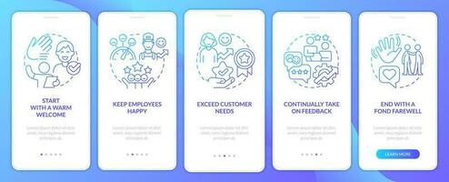 Customer service tips for hospitality industry gradient onboarding mobile app screen. Walkthrough 5 steps graphic instruction with linear concepts. UI, UX template vector