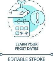 Learn your frost dates turquoise concept icon. Know season temperature. Gardening tip abstract idea thin line illustration. Isolated outline drawing. Editable stroke vector