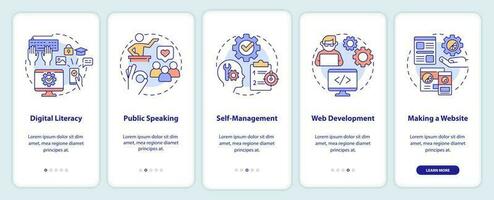 Important competencies onboarding mobile app screen. Profession walkthrough 5 steps editable graphic instructions with linear concepts. UI, UX, GUI template vector