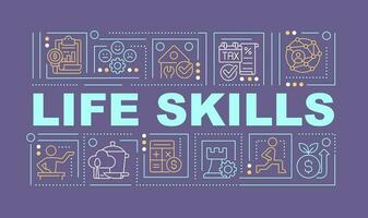 Life skills improving word concepts purple banner. Competencies. Infographics with editable icons on color background. Isolated typography. Vector illustration with text