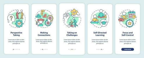 Skills for kids onboarding mobile app screen. Children development walkthrough 5 steps editable graphic instructions with linear concepts. UI, UX, GUI template vector