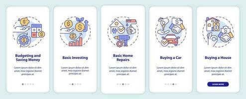 Important knowledges onboarding mobile app screen. Life skills walkthrough 5 steps editable graphic instructions with linear concepts. UI, UX, GUI template vector