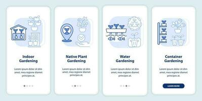 Gardening types light blue onboarding mobile app screen. Planting walkthrough 4 steps editable graphic instructions with linear concepts. UI, UX, GUI template vector