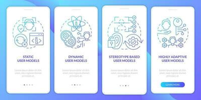 User modeling blue gradient onboarding mobile app screen. Interaction walkthrough 4 steps graphic instructions with linear concepts. UI, UX, GUI template vector
