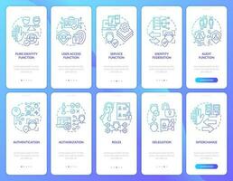 Identity management blue gradient onboarding mobile app screen set. System walkthrough 5 steps graphic instructions with linear concepts. UI, UX, GUI template vector