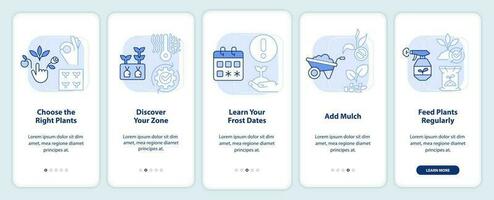 Tips for gardening light blue onboarding mobile app screen. Planting walkthrough 5 steps editable graphic instructions with linear concepts. UI, UX, GUI template vector