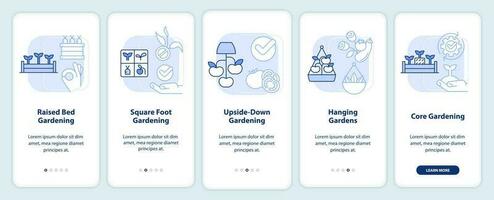 Effective gardening light blue onboarding mobile app screen. Planting walkthrough 5 steps editable graphic instructions with linear concepts. UI, UX, GUI template vector
