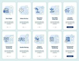 Gardening tips light blue onboarding mobile app screen set. Walkthrough 5 steps editable graphic instructions with linear concepts. UI, UX, GUI template vector