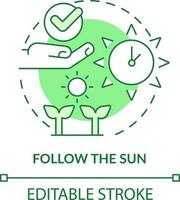 Follow sun green concept icon. Sunlight for plants. Gardening recommendation abstract idea thin line illustration. Isolated outline drawing. Editable stroke vector