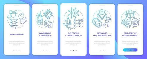 Management of identities blue gradient onboarding mobile app screen. Users walkthrough 5 steps graphic instructions with linear concepts. UI, UX, GUI template vector