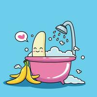 plátano dibujos animados es baños con un gracioso expresión vector