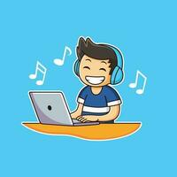 chico en auriculares jugando música en ordenador portátil con contento expresión vector