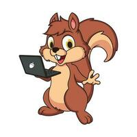 Cute Squirrel Playing Laptop. Animal Vector Icon Illustration, Isolated on White Background