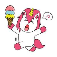 Happy Unicorn with his Ice Cream. Animal Vector Cartoon Isolated on White Background