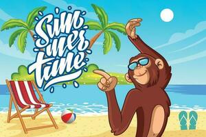 cartoon chimpanzees are enjoying a holiday on the beach vector