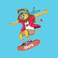 Lion Playing Skateboard Cartoon. Animal Vector Icon Illustration, Isolated on Blue Background